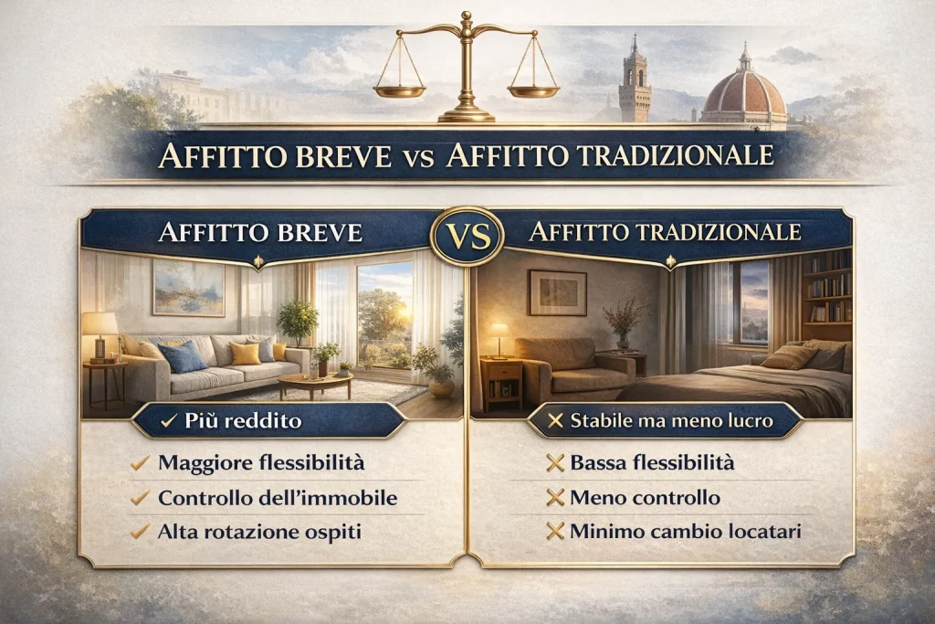 Infografica comparativa tra affitto breve e affitto tradizionale che mostra differenze di redditività, flessibilità e gestione dell’immobile.