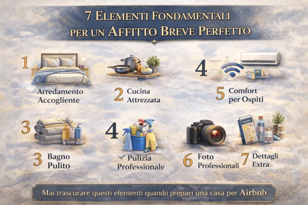 Infografica che mostra i 7 elementi fondamentali per preparare un appartamento per affitti brevi su Airbnb, tra cui arredamento accogliente, cucina attrezzata, bagno pulito, comfort per gli ospiti, pulizia professionale, foto professionali e dettagli extra.