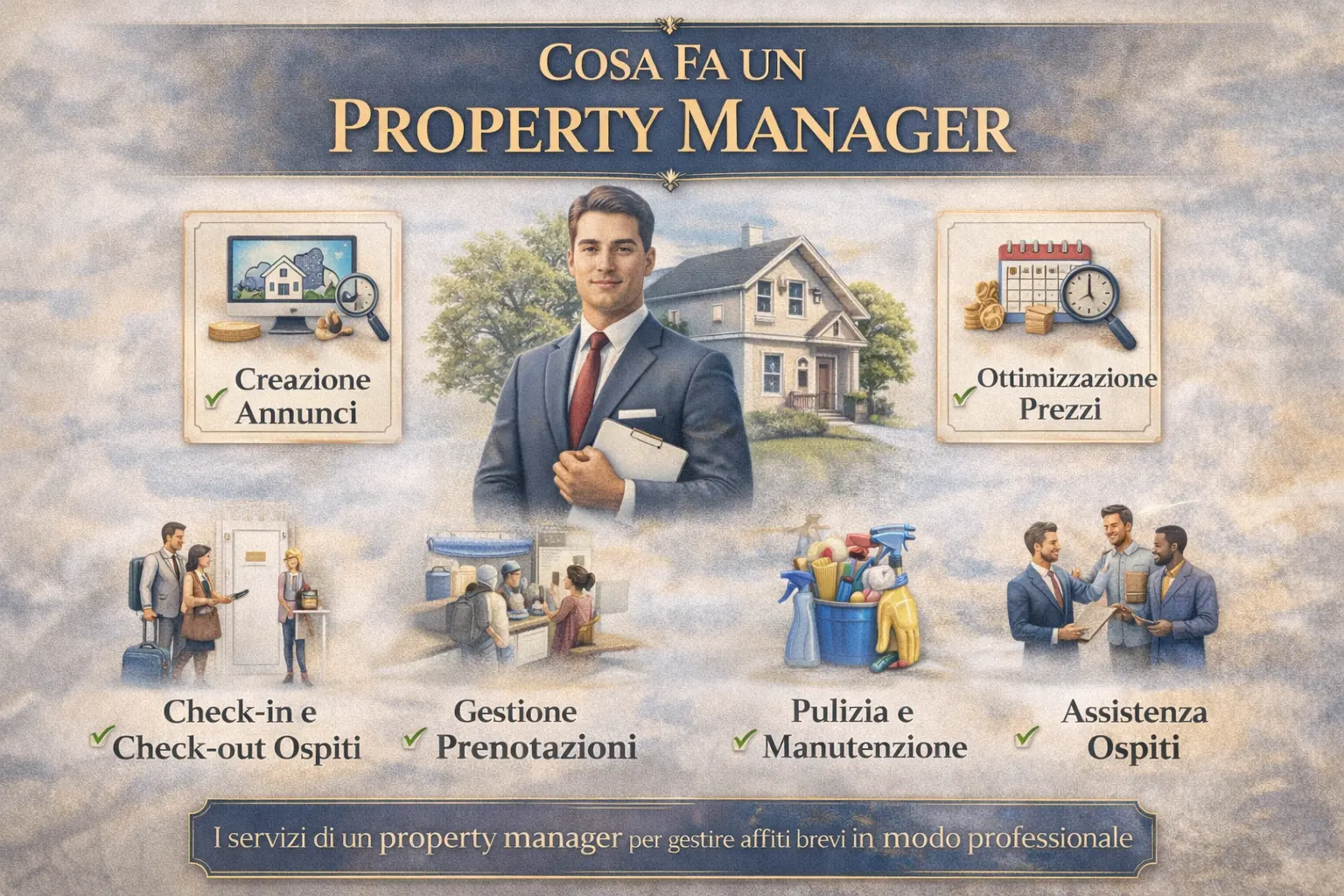 Infografica che mostra cosa fa un property manager nella gestione degli affitti brevi, con servizi come creazione annunci, gestione prenotazioni, ottimizzazione prezzi, check-in ospiti, pulizia e assistenza.