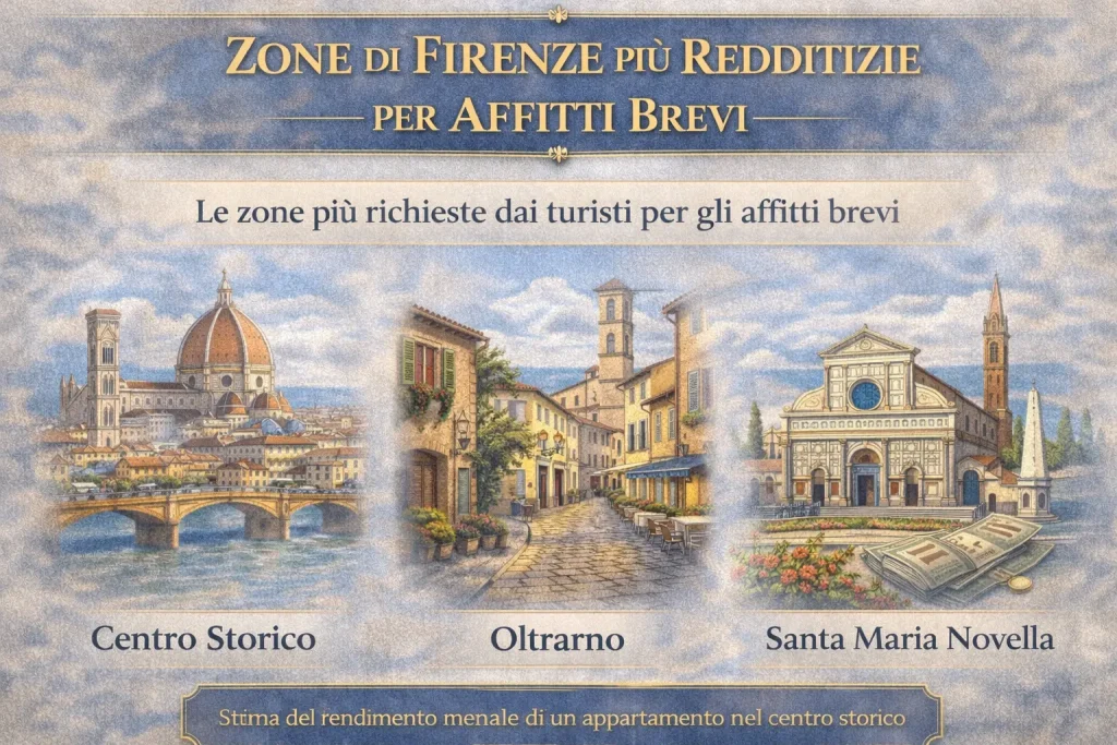 Infografica che mostra le zone di Firenze più redditizie per gli affitti brevi, tra cui centro storico, Oltrarno e Santa Maria Novella, aree con maggiore domanda turistica.
