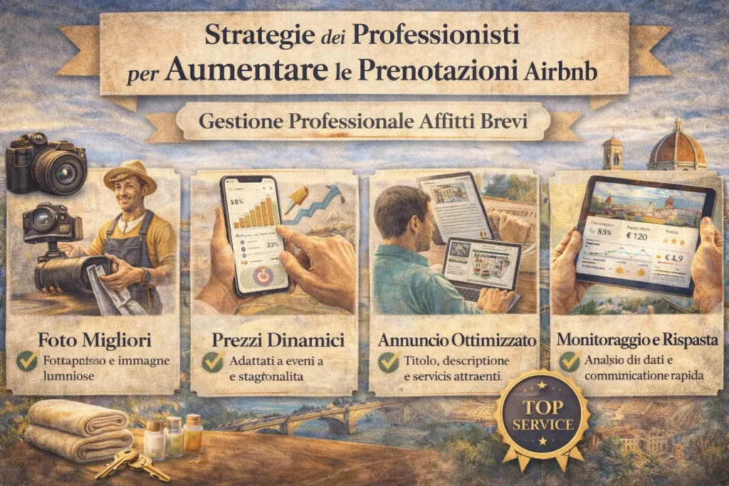 Infografica che mostra le principali strategie utilizzate dai professionisti per aumentare le prenotazioni Airbnb, tra cui foto migliori, prezzi dinamici, annuncio ottimizzato e monitoraggio delle performance.